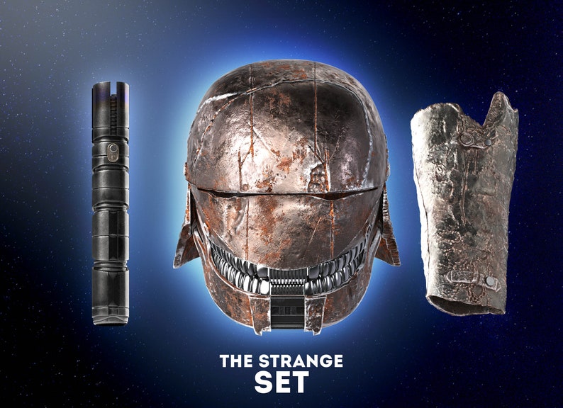 May include: A set of three Star Wars themed items: a lightsaber, a helmet, and a gauntlet. The helmet is rusty and has a menacing look. The gauntlet is also rusty and has a worn look. The lightsaber is black and has a silver handle. The text "THE STRANGE SET" is below the items.