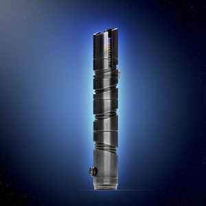 May include: A black lightsaber with a silver handle and a blue glow. The lightsaber is made of metal and has a textured surface.