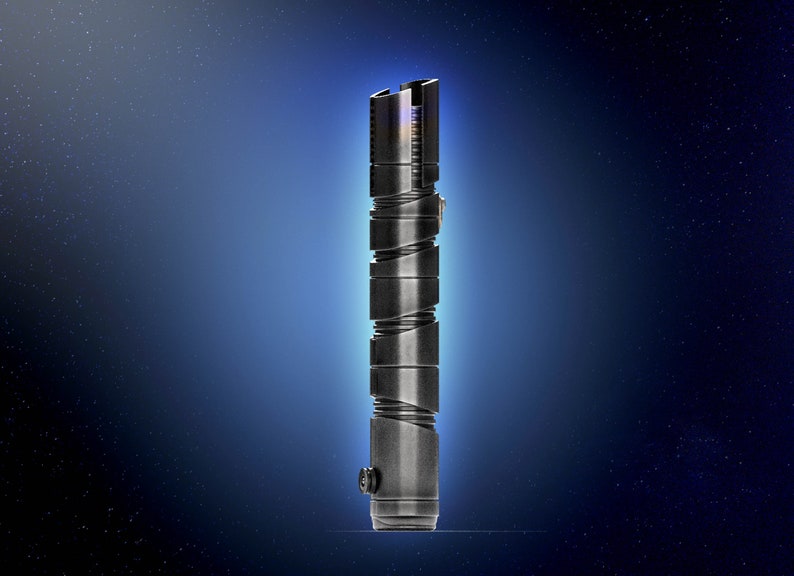 May include: A black lightsaber with a silver handle and a blue glow. The lightsaber is made of metal and has a textured surface.