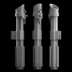 May include: A silver lightsaber hilt against a black background. The hilt has a textured surface and a cylindrical shape. The hilt is shown from three different angles.