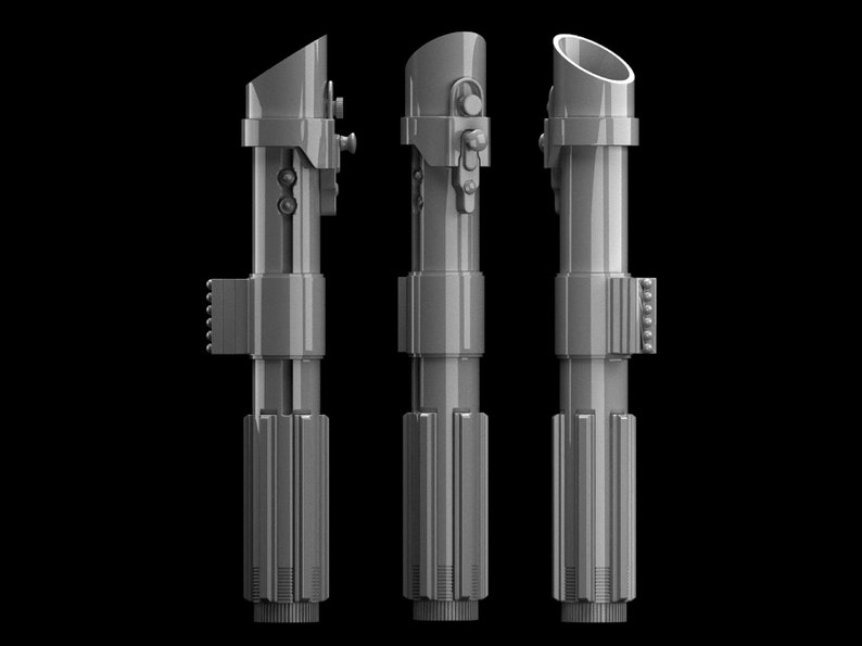 May include: A silver lightsaber hilt against a black background. The hilt has a textured surface and a cylindrical shape. The hilt is shown from three different angles.