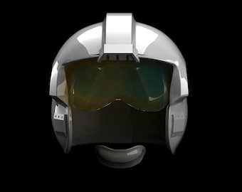 May include: A white helmet with a yellow visor and a black face mask. The helmet has a silver top and a silver chin strap.