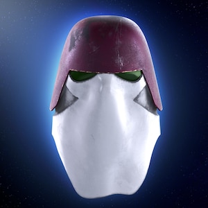 May include: A futuristic-looking mask with a maroon helmet and a white face. The mask has green eye coverings and angular gray accents. The background is a gradient of blue with a starry effect.