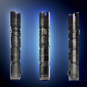 May include: Three silver lightsaber hilts with a black and silver design. The hilts are in a row against a blue and black starry background.