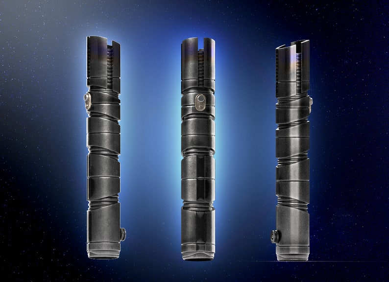 May include: Three silver lightsaber hilts with a black and silver design. The hilts are in a row against a blue and black starry background.