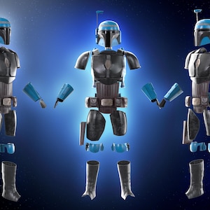 Pode incluir: Um conjunto de armadura Mandaloriana desmontada em preto e azul, com capacete, peitoral, protetores de braço, armadura de perna e botas. A armadura tem detalhes prateados e um esquema de cores azul e preto. O fundo é um gradiente azul.