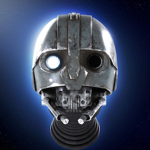 May include: A close-up of a silver robot head with a single white eye and a black eye. The robot head has a textured surface and a black neck.