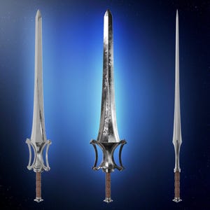 以下が含まれることがあります： 青と星空の背景に、詳細な柄と刃を持つ3本の銀色の剣が展示されています。剣は茶色の柄と装飾的なデザインが施されています。刃の形は様々で、1つは幅広く、他は細くなっています。