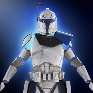 May include: A detailed image of a white and blue armored character, reminiscent of a science fiction soldier. The helmet and armor feature blue accents and a black collar. The background is a gradient of blue and black.