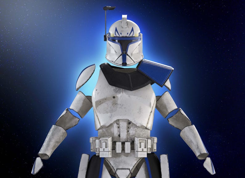 May include: A detailed image of a white and blue armored character, reminiscent of a science fiction soldier. The helmet and armor feature blue accents and a black collar. The background is a gradient of blue and black.