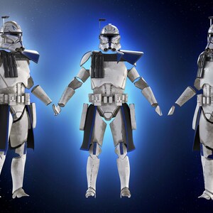 May include: Three white and blue Clone Trooper figures stand against a blue background with a starry effect. The figures wear helmets, armor, and utility belts. The armor has blue accents and black details. The figures are in a static pose.