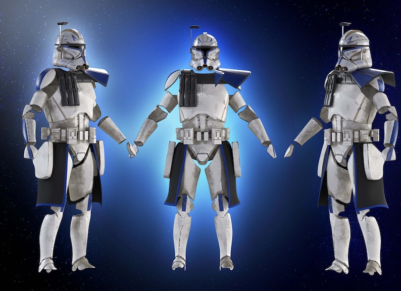 May include: Three white and blue Clone Trooper figures stand against a blue background with a starry effect. The figures wear helmets, armor, and utility belts. The armor has blue accents and black details. The figures are in a static pose.