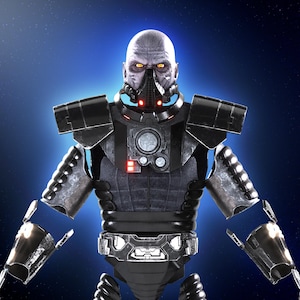 May include: A dark gray and black armored figure with a red and black mask and glowing yellow eyes. The figure is standing against a blue background with stars.