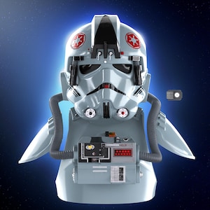May include: A detailed, light gray AT-AT pilot helmet with red and white insignia. The helmet features a complex design with tubes, vents, and a chest-mounted control panel. The background is a gradient of blue and black.
