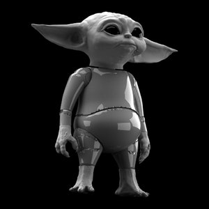 May include: A gray, articulated, plastic toy figure of a fictional character with large ears and a large head. The figure is standing with its arms at its sides and its legs slightly apart.