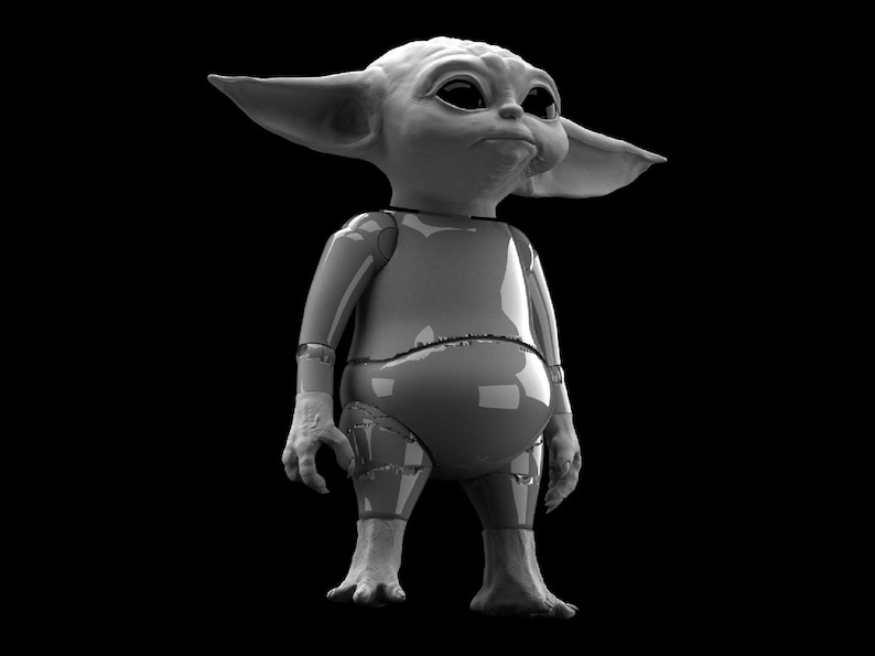 May include: A gray, articulated, plastic toy figure of a fictional character with large ears and a large head. The figure is standing with its arms at its sides and its legs slightly apart.