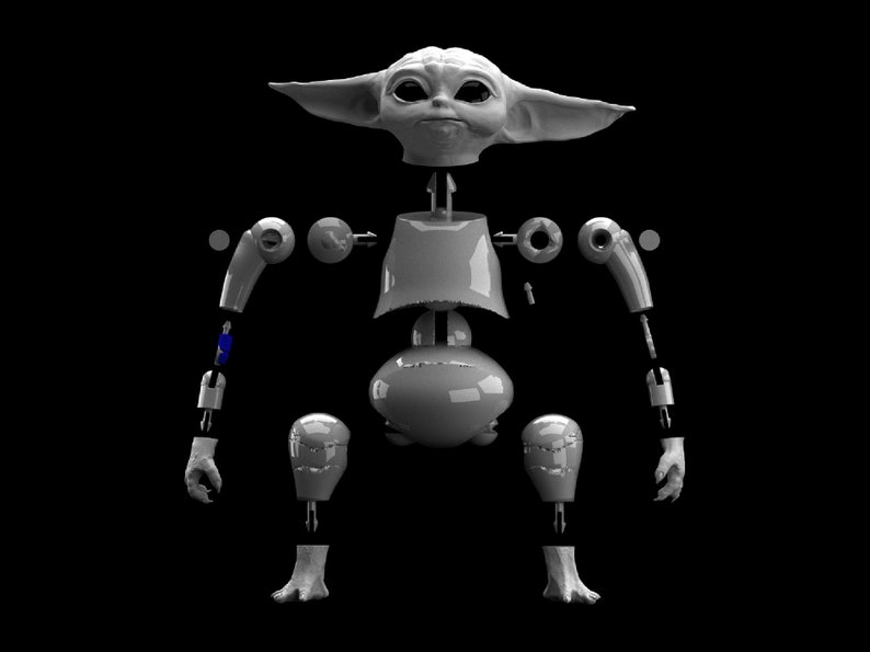 May include: A disassembled action figure of a fictional character with large ears and a green skin tone. The figure is made of white plastic and is in various pieces, including the head, torso, arms, and legs.