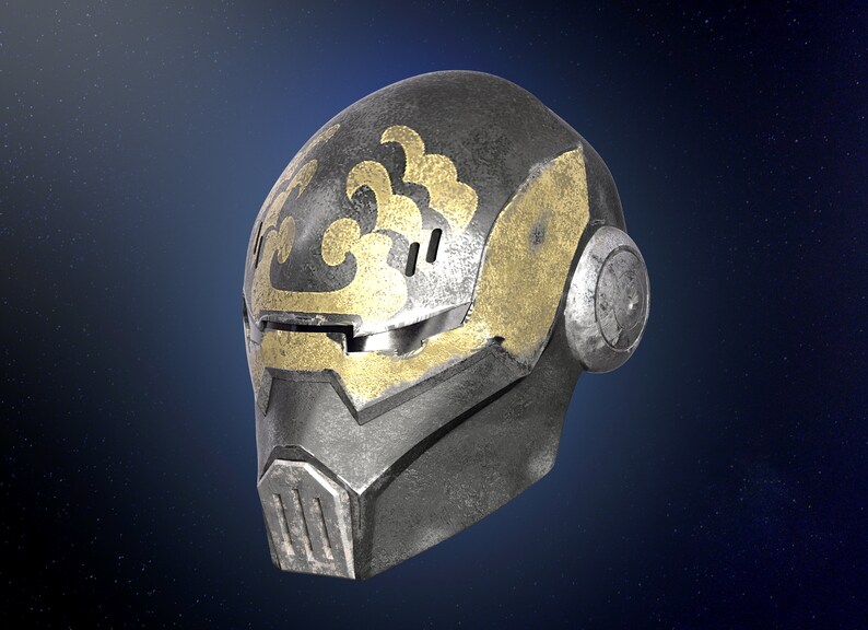 Op de afbeelding: Een zwart-gouden helm met een futuristisch ontwerp. De helm heeft een vizier en een decoratief patroon op de bovenkant.
