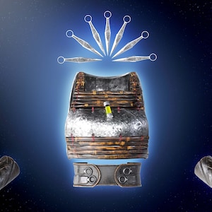 May include: A silver and brown chest piece with a leather belt and six silver throwing stars. The chest piece has a small vial attached to it.