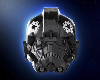 May include: A black helmet with a white Imperial symbol on each side. The helmet has a visor and a black face mask.