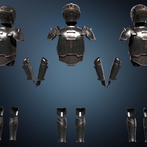 K&ouml;nnte beinhalten: Ein Satz schwarzer Metallr&uuml;stung mit kupferfarbener Oberfl&auml;che. Die R&uuml;stung umfasst einen Helm, einen Brustpanzer, Schulterpolster, Handschuhe und Beinschienen.