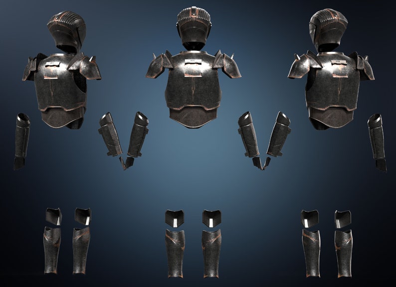 K&ouml;nnte beinhalten: Ein Satz schwarzer Metallr&uuml;stung mit kupferfarbener Oberfl&auml;che. Die R&uuml;stung umfasst einen Helm, einen Brustpanzer, Schulterpolster, Handschuhe und Beinschienen.
