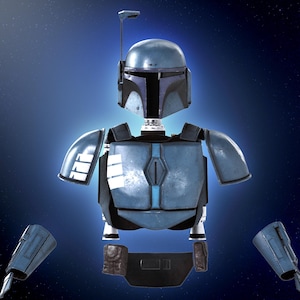 May include: A disassembled blue and grey Mandalorian armour set, including a helmet, chest piece, shoulder pads, and arm and leg components. The armour has a metallic finish against a dark blue background.