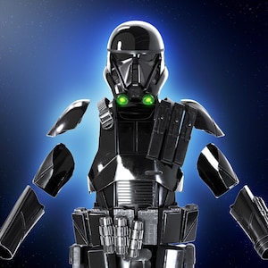 May include: A black Death Trooper armor suit with a helmet, chest armor, and detached arm and shoulder pieces. The helmet has a glossy finish with green glowing eye lenses. The background is a gradient of blue and black with white dots.