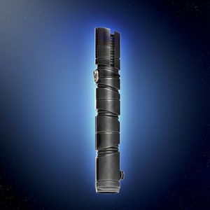 May include: A black lightsaber hilt with a silver accent. The hilt is made of metal and has a textured surface.