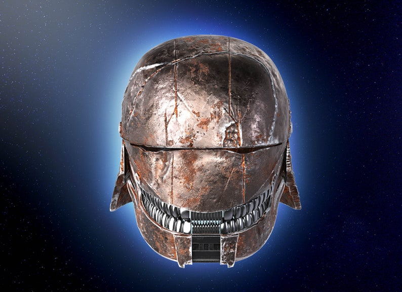 May include: A rusty metal helmet with a detailed design, featuring a visor and a row of teeth-like protrusions. The helmet is set against a dark blue background with white stars.