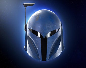May include: A weathered, blue Mandalorian helmet with a black visor and a vertical antenna. The helmet has a battle-worn appearance with scratches and a dark blue color scheme. The background is a gradient of blue with a starry effect.