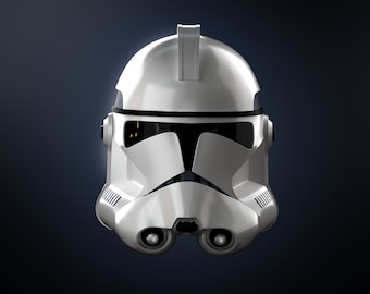 May include: A white plastic helmet with a black visor and a raised crest on top. The helmet has a detailed design with a series of ridges and grooves.
