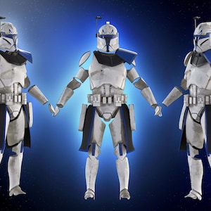 May include: Three figures in white and blue armor, reminiscent of a science fiction theme. The armor features a helmet with blue accents, shoulder pads, and a utility belt. The figures are standing against a blue background.
