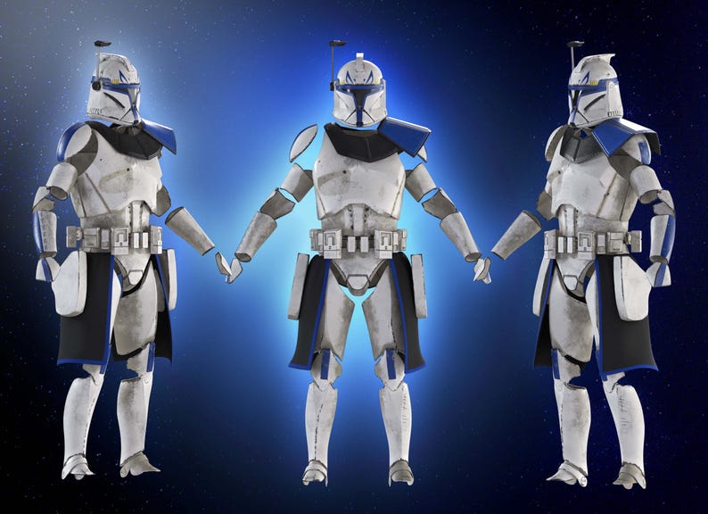 May include: Three figures in white and blue armor, reminiscent of a science fiction theme. The armor features a helmet with blue accents, shoulder pads, and a utility belt. The figures are standing against a blue background.