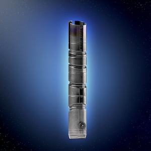 May include: A silver lightsaber hilt with a textured surface and a black button on the bottom.