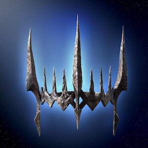 May include: A silver crown with a pointed design and multiple spikes. The crown is against a dark blue background with white stars.