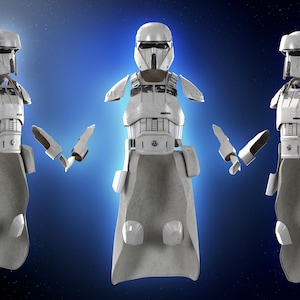 Pode incluir: Três conjuntos de armaduras Stormtrooper brancas e cinzentas, com capacetes, peitorais e revestimentos para as pernas, são exibidos contra um fundo azul com um efeito de estrelas. A armadura é detalhada com vários painéis e correias.