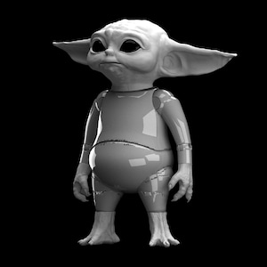 May include: A gray, cartoon-like figure with large ears and a big belly. The figure is standing with its arms at its sides and its head tilted to the side.