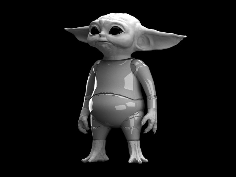 May include: A gray, cartoon-like figure with large ears and a big belly. The figure is standing with its arms at its sides and its head tilted to the side.