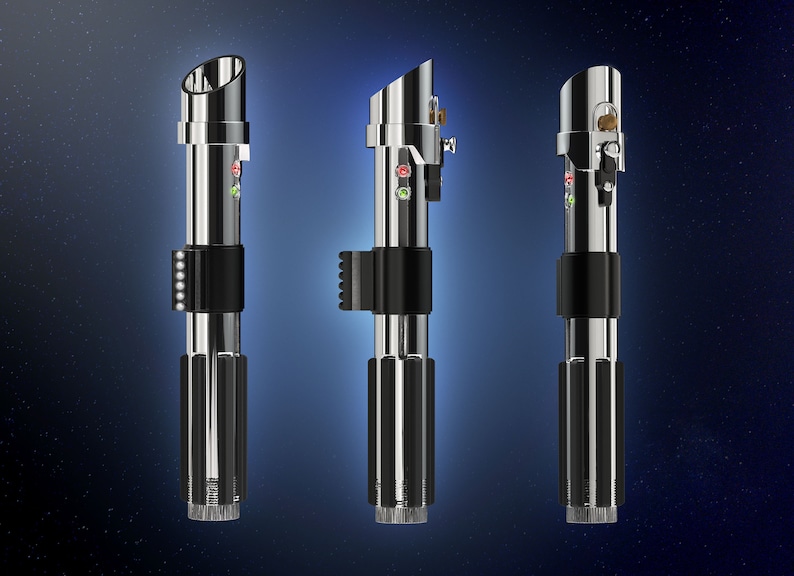 May include: Three silver and black lightsabers with green and red lights. The lightsabers are in different positions, showing the details of the hilt.