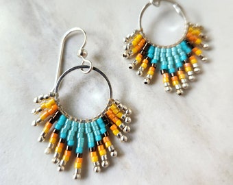 Handmade Beaded Fringe Earrings, Short, Hoops