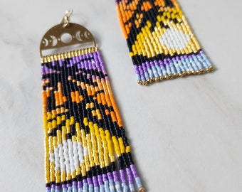 Handmade Beaded Fringe Earrings, Maui Tropical Sunset Earrings, Made on Maui, Palm Trees