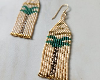 Handmade Palm Tree Beaded Fringe Earrings, Palm Tree, Moon, Egyptian Style, Maui