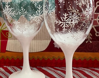 Hand painted snowflake holiday Christmas  wine glasses ! Festive , gifts Set of two !!