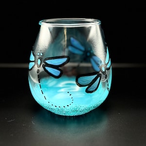 Hand- painted dragonfly stemless wine glasses, set of two !!