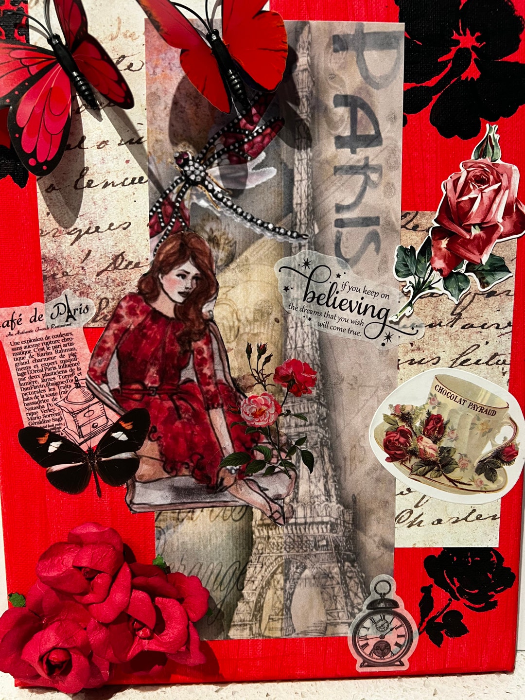 Shabby Chic Vintage French Canvas Art , Junk Journal , Mixed Media , 3d