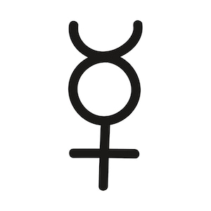 May include: A black and white symbol representing the planet Venus. The symbol is a circle with a cross below it and a crescent shape above the circle.