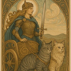 May include: A digital illustration of Freya, the Norse goddess of love, beauty, and war, riding in a chariot pulled by two cats. She is wearing a golden helmet and armor, and holding a sword. The background is a light blue sky with clouds.