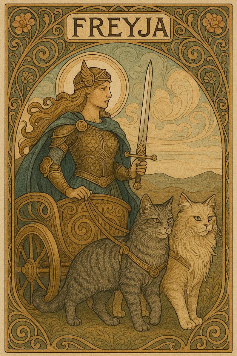 May include: A digital illustration of Freya, the Norse goddess of love, beauty, and war, riding in a chariot pulled by two cats. She is wearing a golden helmet and armor, and holding a sword. The background is a light blue sky with clouds.