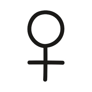 May include: A black and white symbol representing the female gender.
